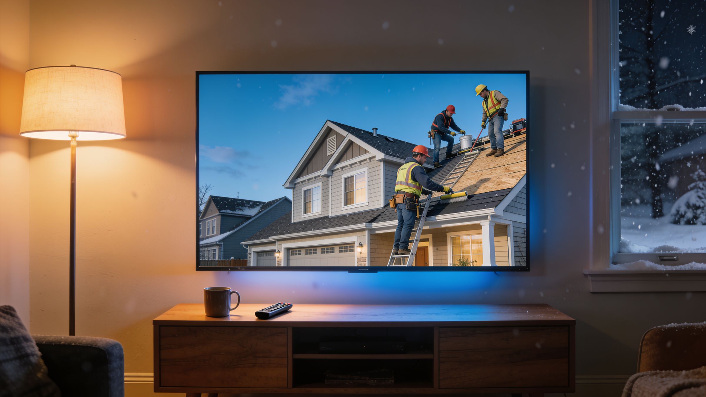 A living room at night, a roofing crew on the television